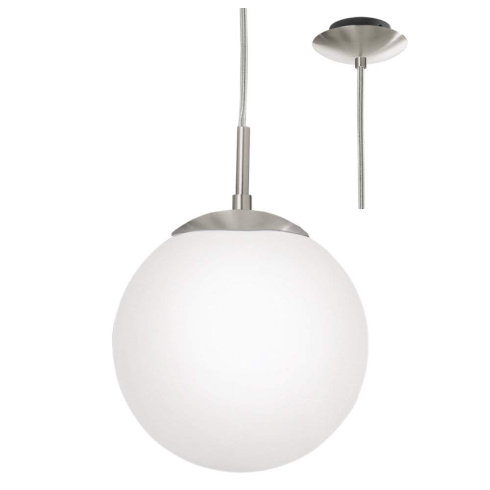 Britalia Satin Nickel & White Opal Glass Globe Shade Modern Pendant Ceiling Light | 20cm Diameter | 1 x ES E27 Lamp Bulb Required (Not Included) | 240 Volts