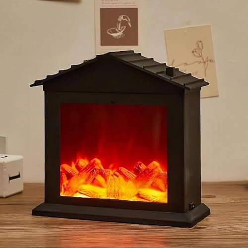 Image of Small Cozy Fireplace Lantern Traditional Realistic Log Wood Burning Flame Effect Ligh LED Charcoal Style Table LampFor Indoor & Outdoor Use