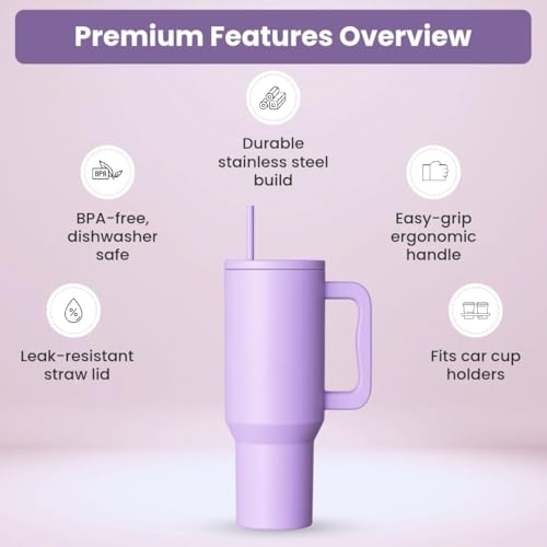 Image of Zephorus Personalized Stainless Steel Tumbler with Handle, 1200ml Capacity, Black Insulated Travel Mug with Straw, Custom Name Design (40 - Oz - Purple)