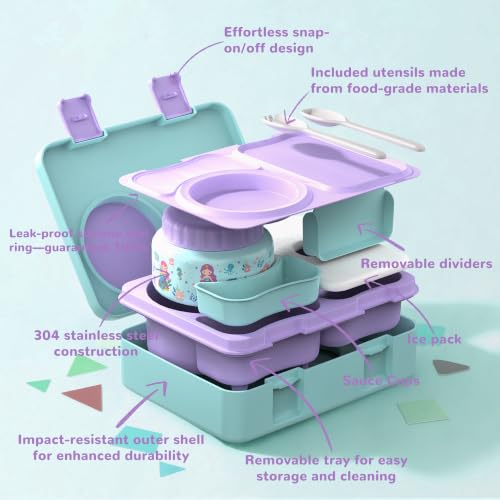 Image of Bento Box for Kids, Leakproof Kids Lunch Box with 8.5OZ Thermo Food Jar & Lunch Bag, 3-4 Compartments Toddler Insulated Lunch Box for Girls, BPA Free Lunch Containers for School Daycare