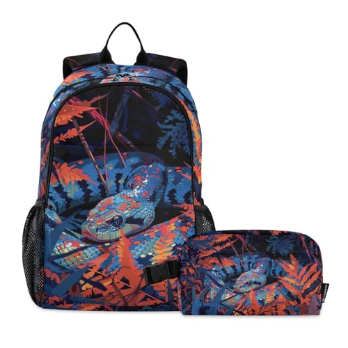 Travel Backpack Lunch Bag Set for Hiking Picnic, Backpacks with Insulated Lunch Box Wild Snake Print