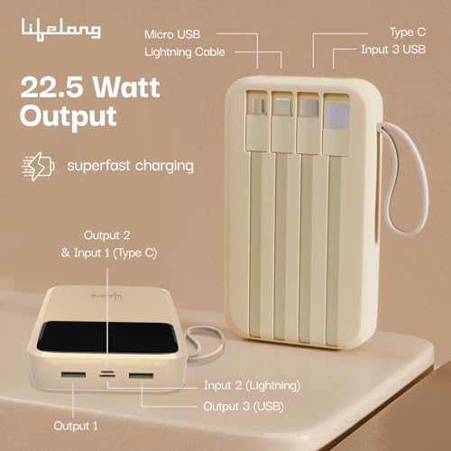 Image of Lifelong Electronics 10000mAh 22.5W Fast Charging Power Bank | 3 Inputs (1 Built-in USB A Cable + 1 C + 1 Lightning Port) & 6 Outputs (3 Built-in Cables + 1 C + 2 A Port) | Small Pocket Size Powerbank