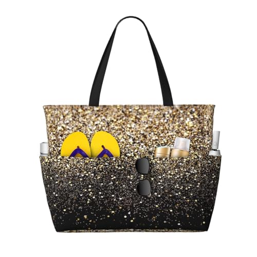 Paillettes scintillantes dorées sur grand sac de plage et cabas bandoulière femme