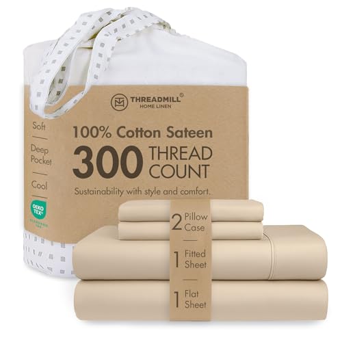 Image of Threadmill 300 Thread Count Cotton King Sheet Set, Sateen, Solid, Beige | 100% Cotton, Sateen Weave, 4-Piece Set, Breathable, All-Season, Lightweight, OEKO-TEX Certified, Machine Washable