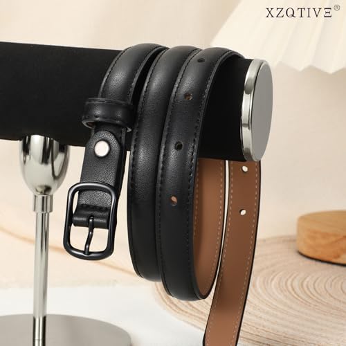 XZQTIVE Black Skinny Belt for Women Jeans Thin Leather Waist Belts With Black Metal Prong Buckle3