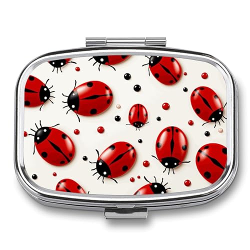 Portable Pill Organizer Red Ladybug Small Pill Box 2 Compartment Medicine Vitamin Organizer Travel Medicine Organizer with Mirror & Button Closure Cute Medication Case for Purse