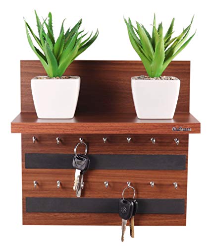 Image of Madhuran Rcbi Engineered Wood Wall Hanging Display Key Holders Stand Shelves (14 Hooks Teak) Keychain Holder Home Decor Stylish Stand Multipurpose Hanger Self Shelf