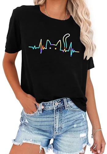 tiorhooe Cat T Shirts for Women Funny Graphic Tshirt Casual Short Sleeve Tee Tops S-XXL