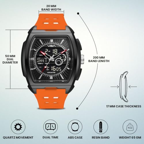 Image of V2A Impact 50mm Analog Digital Watch for Men | Tonneau Sports Case Design | Alarm Stopwatch Countdown Dual Time | TPU Strap | 50M Water Resistant | Gift for Men