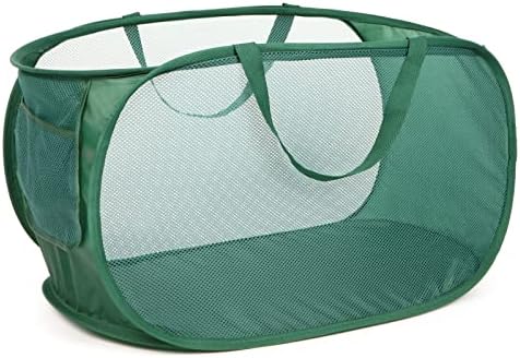 Sturdy Mesh Pop Up Laundry Hamper, Collapsible Laundry Baskets with Side Pocket, Foldable Clothes Hamper with Reinforced Carry Handles for Laundry, Bathroom, Kids Room, Dorm or Travel Emerald
