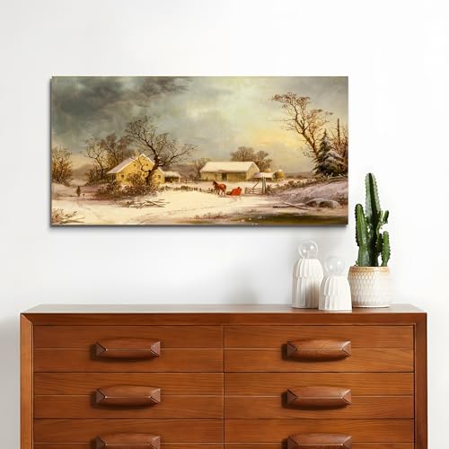 crmotu Winter Wall Art, Canvas Wall Art Landscape, Large Wall Decor, Rustic Farmhouse Wall Decor, Warm Country Vintage Paintings for Living Room Bedroom Above Bed Hallway Office Art Prints 24"X48"