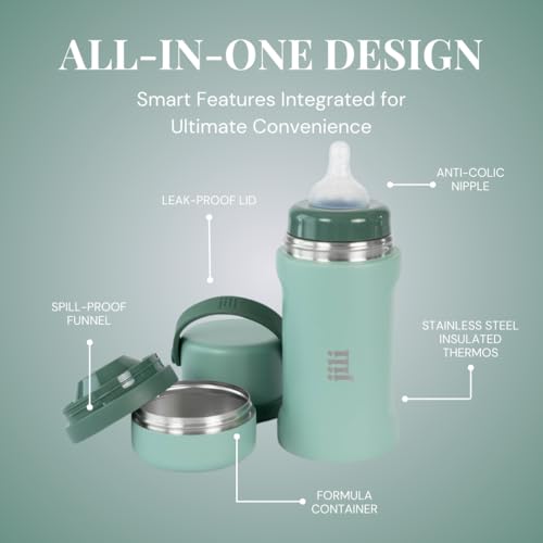 Image of Jili All-in-One Baby Bottle, Insulated Stainless Steel Bottle with Formula Container, Anti-Colic Nipple, and Leak-Proof Lid, Baby Essentials for Travel, BPA and Phthalates-Free, Sage, 8 oz.