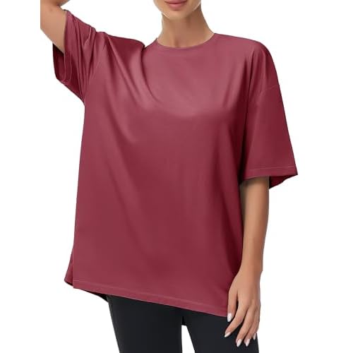 THE GYM PEOPLE Women's Casual Oversized T-Shirts Summer Crewneck Short Sleeve Workout Basic Tee Tops Medium Wine Red