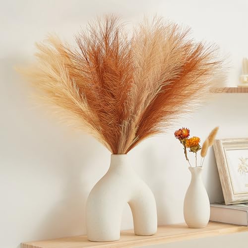 Image of Serwalin Pampas Grass Boho Home Decor, 17in 6pcs Artificial Dried Pampas Grass Decor, Fall Faux Pampas Grass Bouquet Living Room Wedding Party Centerpieces, Pompas Floral Vase Filler