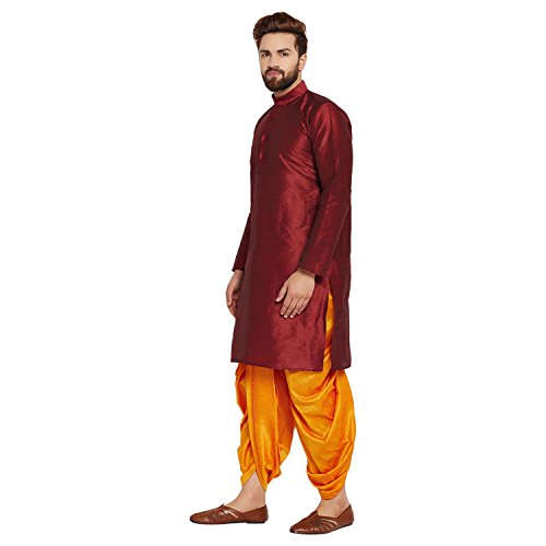 Image of SOJANYA (Since 1958 Men's Off-White and Gold Dupion Silk Dhoti Kurta Set