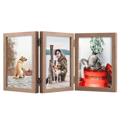 TOFOREVO 4x6 3 Picture Frame Triple Wooden Three Hinged Photo Frame Definition Glass Stand Vertically on Desktop or Tabletop