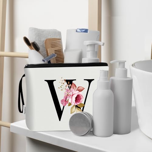 Image of Vavabox A-Z Personalized Makeup Bag, Birthday Gifts for Women Mom, Gifts for Best Friend, Bride Bridesmaid Cosmetic bag (W, 03-White Set)