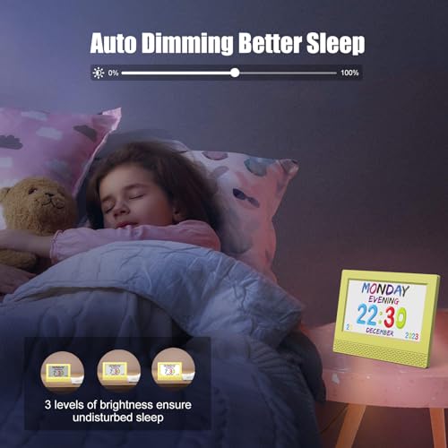 Image of Kids Digital Alarm Clock with Voice Scene Reminders, 7 inch Eye-Caring Display | Watercolor Wallpapers, Auto Dimming DST /Calendar Clock, Sleep Trainer Easy Setup Gift-Ready Box for Kids Birthday with Remote
