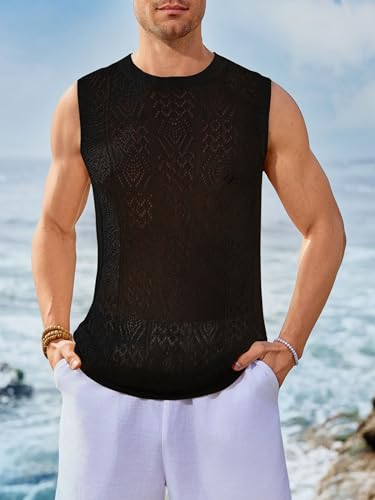Runcati Mens Sleeveless Crewneck Tank Top Casual Mesh Hollow Out Cotton Knit Summer Beach T Shirt2