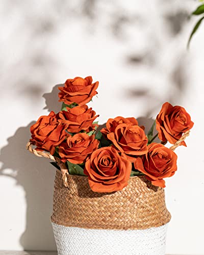 DuHouse 10Pcs Artificial Roses Fake Silk Flowers Realistic Bridal Bouquets with Single Long Plastic Stems for Arrangement Wedding Table Centerpiece Party Home Decor(Burnt Orange) - Image 2