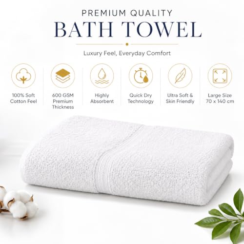 Image of Towels for Bath | Towels for Bath Large Size Bath Towel - Soft & Absorbent | 600 GSM | 1 Piece Bath Towel for Men /Women | 70 cms x 140 cms - White