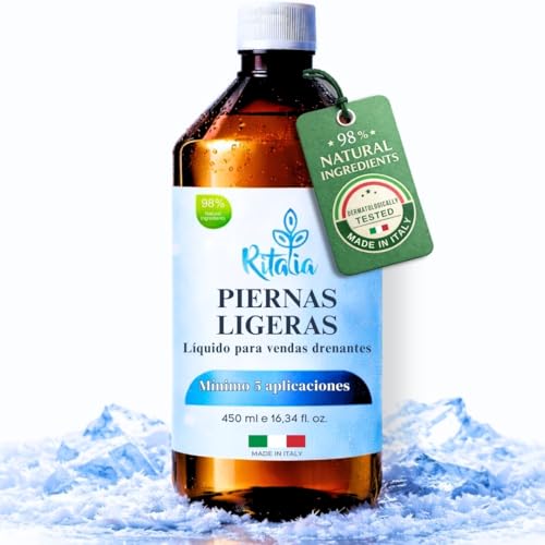 Recarga líquida Ritalia para vendajes drenantes anticelulíticos con efecto frío. Ingredientes activos 100% veganos. Efecto relajante para piernas cansadas, hinchadas y pesadas.