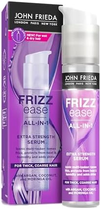 John Frieda Frizz Ease All-In-1 Extra Strength Hair Serum for Thick Coarse Frizzy Hair, Heat and Humidity Protection with Argan Coconut and Moringa Oils, Adds Shine, 50ml
