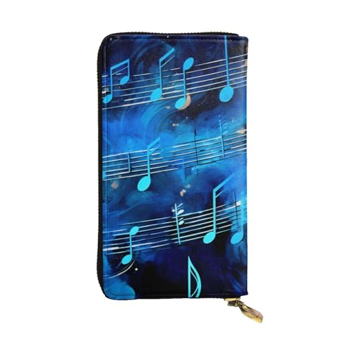 Portefeuille long en cuir véritable noir chic à motif notes de musique bleues pour femme