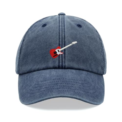 Image of Red Electric Guitar Baseball Cap Vintage Washed Unisex Dad Hat Adjustable Blue Denim