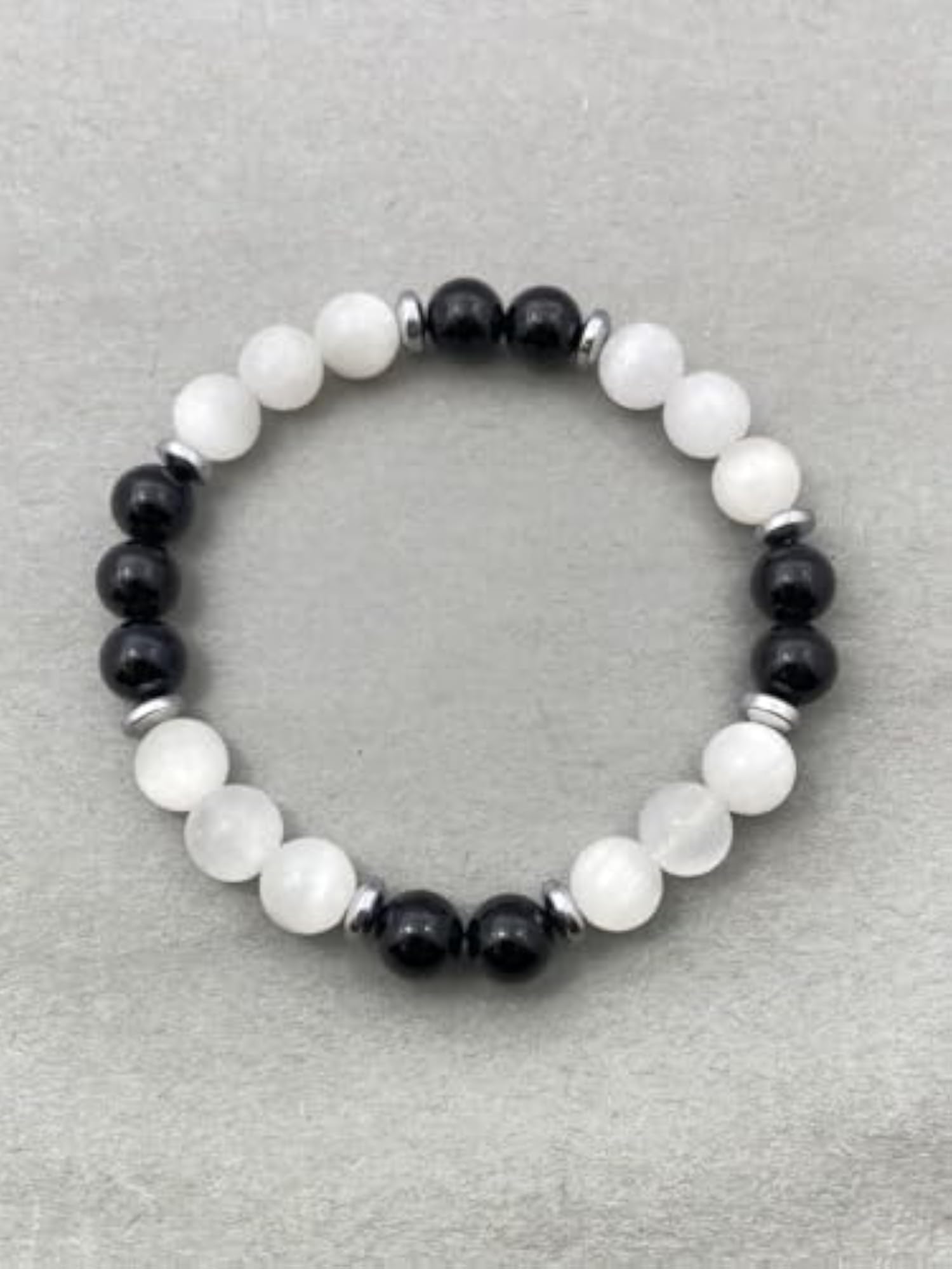 Natural Selenite & Black Onyx 8mm Round Bead Stretchable Bracelet