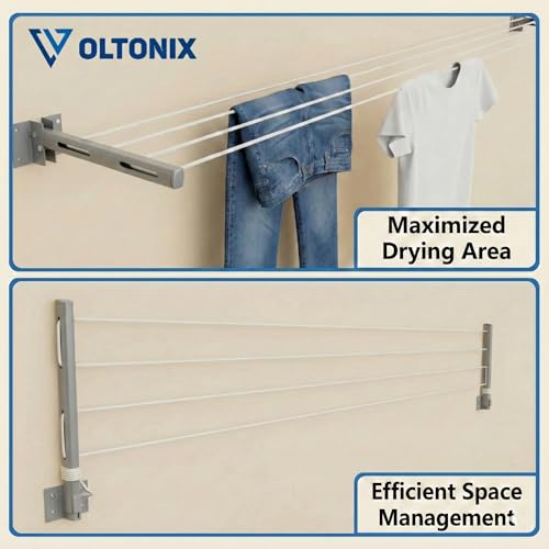 Image of Metal Foldable Wall Mount Cloth Drying Stand with 30 Feet Rope, Space Saving, Wall Mounted, for Balcony and Indoor Use (Grey)