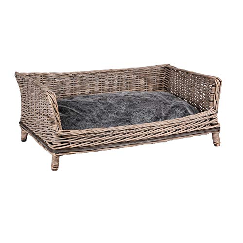 RM E-Commerce Hundebett Hundekorb Hundekörbchen aus Weide eckig mit Kissen grau für große und kleine Hunde 80cm Breite