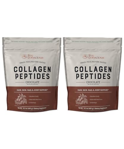Image of Live Conscious Collagen Peptides Powder - Chocolate Collagen Powder - Hair, Skin, Nail, and Joint Support - Type I & III Grass-Fed Collagen Supplements for Women and Men (2-Pack)