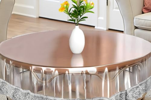 Image of The Furnishing Tree Round Shaped Center Transparent Table Cover WxL 36x36 inches 0.25 mm Thickness with Silver Lace