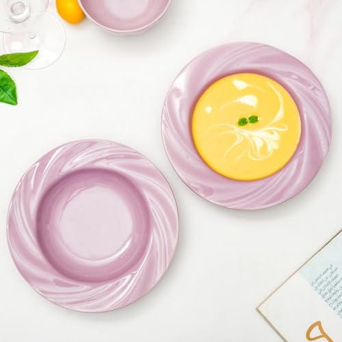 Image of Nestasia Ceramic Pasta Plates Set of 2 (300ml Each) | Microwave & Dishwasher Safe Serving Plate with Flared Rim Whirlwind Design - Ideal for Serving Pasta, Maggie & Noodles (Mauve)