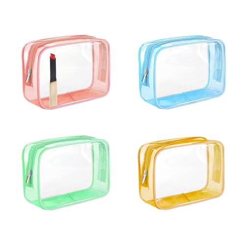 CarryEpic Clear Makeup Bag (4 Packs), Small TSA Approved Toiletry Bags for Traveling Small Size Cosmetic Storage Pouches for Women Organizer with Zipper Pink Orange Green Blue
