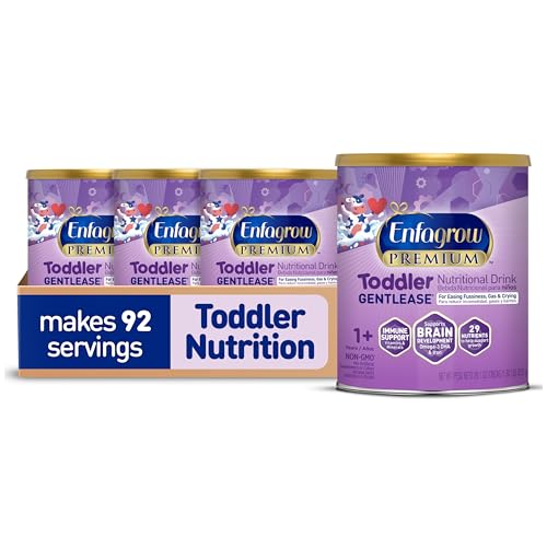 Image of Enfagrow PREMIUM Gentlease Toddler Nutritional Drink, Made with Real Milk, Designed to Ease Fussiness, Gas & Crying, Nutrients for Growth & Immune Support, Powder Can, 29.1 Oz (Pack of 4)