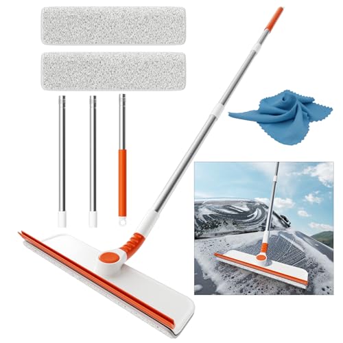 Image of Window Squeegee Cleaner Pole, 2-in-1 Window Cleaning Tool with 50 inch Extendable Pole Bendable Head Window Washing Equipment or Indoor Outdoor Window Glass Door Car Windshield (Cleaner with Blue Cloth)