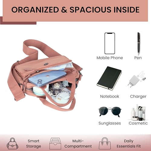 Image of TS WITH TECHSUN Small Women Crossbody Sling Bag Handbag for Travel Office Use, Water Resistant Nylon Shoulder Purse, Adjustable Strap Multipocket Organizer (25(L) X 19(H) X 9(W) CM)