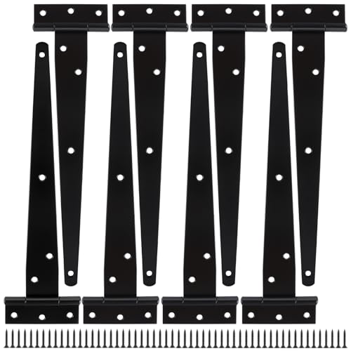 GOYADA 8pcs 25cm Charnières de Porte en T, Charniere Porte Lourde en Métal Galvanisé, Charnières en T Noir 10 Pouces avec Vis pour Portes de Hangar, Portes de Jardin, Fenêtres