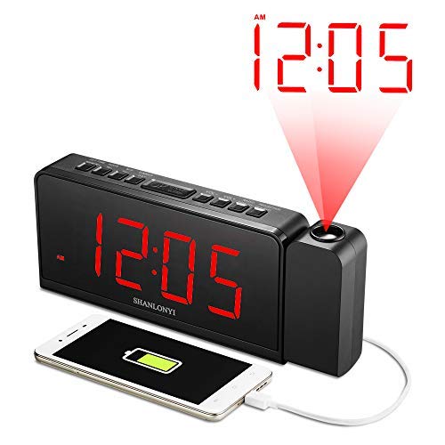 SHANLONYI Radio with AM/FM, Time Projector,USB Charging for Mobile Phone, Large 7" LED Display, Dual, Battery Backup Projection Alarm Clock, Black-red ¡­