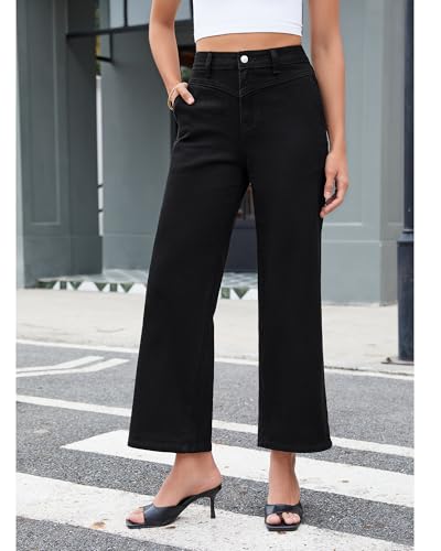 GRAPENT Wide Leg Jeans for Women Trendy Cropped High Waisted Front Yoke Casual Stretchy Denim Trousers Ankle Pants Jeans3