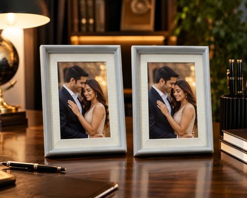 Image of 4x6 Inch Photo Frame Set of 2 - Acrylic Front Table Top Photo Frames with Stand, Dual Orientation Portrait & Landscape Display for Home Office Decor (textured white with light grey border)