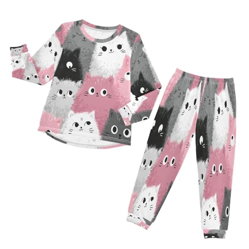 Long Sleeve Pajama Set for Girls Boys Kids,Cute Cats Kawaii Comfy Nightwear Soft Loungewear,Family Matching PJs Underwear Set 8T