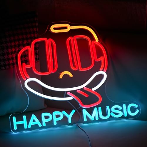 Image of Happy Music Neon Sign Dimmable Led Microphone Neon Light for Wall Decor USB Cute Headset Neon Light Sign for Music Studio Bar Live House Karaoke Party Bedroom