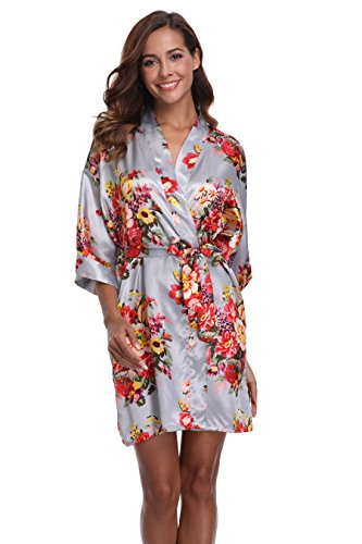 Women's Bridesmaid Robe Short Floral Wedding Kimono Robe Satin Floral Kimono Bathrobe for Bridal Wedding Party Sliver L - Thumbnail 4