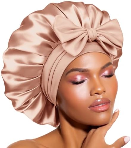 BONNET QUEEN Double Layer Silk Bonnet for Sleeping for Women Satin Lined Bonnet Night Cap for Curly Hair with Tie Band,Champagne