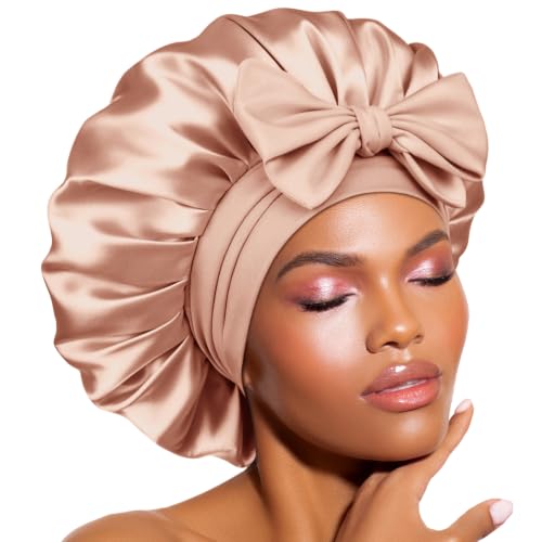 BONNET QUEEN Double Layer Silk Bonnet for Sleeping for Women Satin Lined Bonnet Night Cap for Curly Hair with Tie Band,Champagne