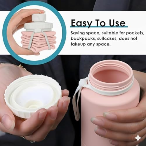 Image of Barebeauty Folding Silicone Water Bottle | Collapsible Travel Water Bottle for Gym, Office, School, Cycling, Hiking & Outdoor Sports | Leak-Proof, Portable Bottle | 600 Ml (Pink)