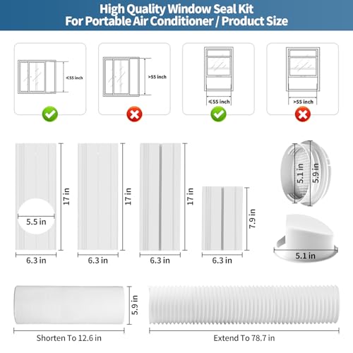 Image of Yipoch Portable AC Window Vent Kit inclue 2M Exhaust Hose 5.9 inch & Waterproof Rain Cover & 4-in-1 Coupler Filter,Portable Air Conditioner Window Seal Kit with 4 Adjustable PVC Plates (17 inchUp to 59 inch)